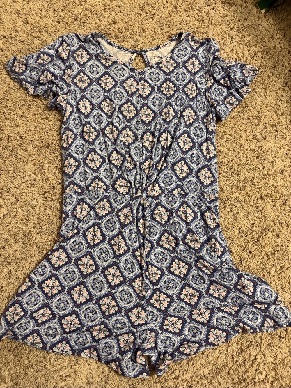 Girls' Blue Patterned Short Sleeve Romper